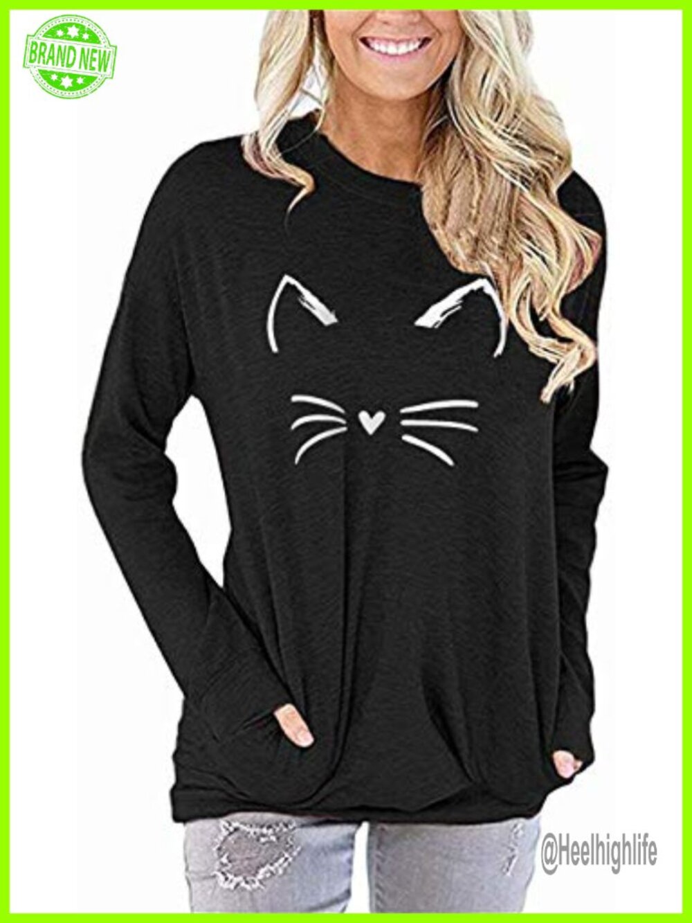 Akihoo Women's Cat Print Long Sleeve Tunic Sweatshirt Crew Neck Pullover